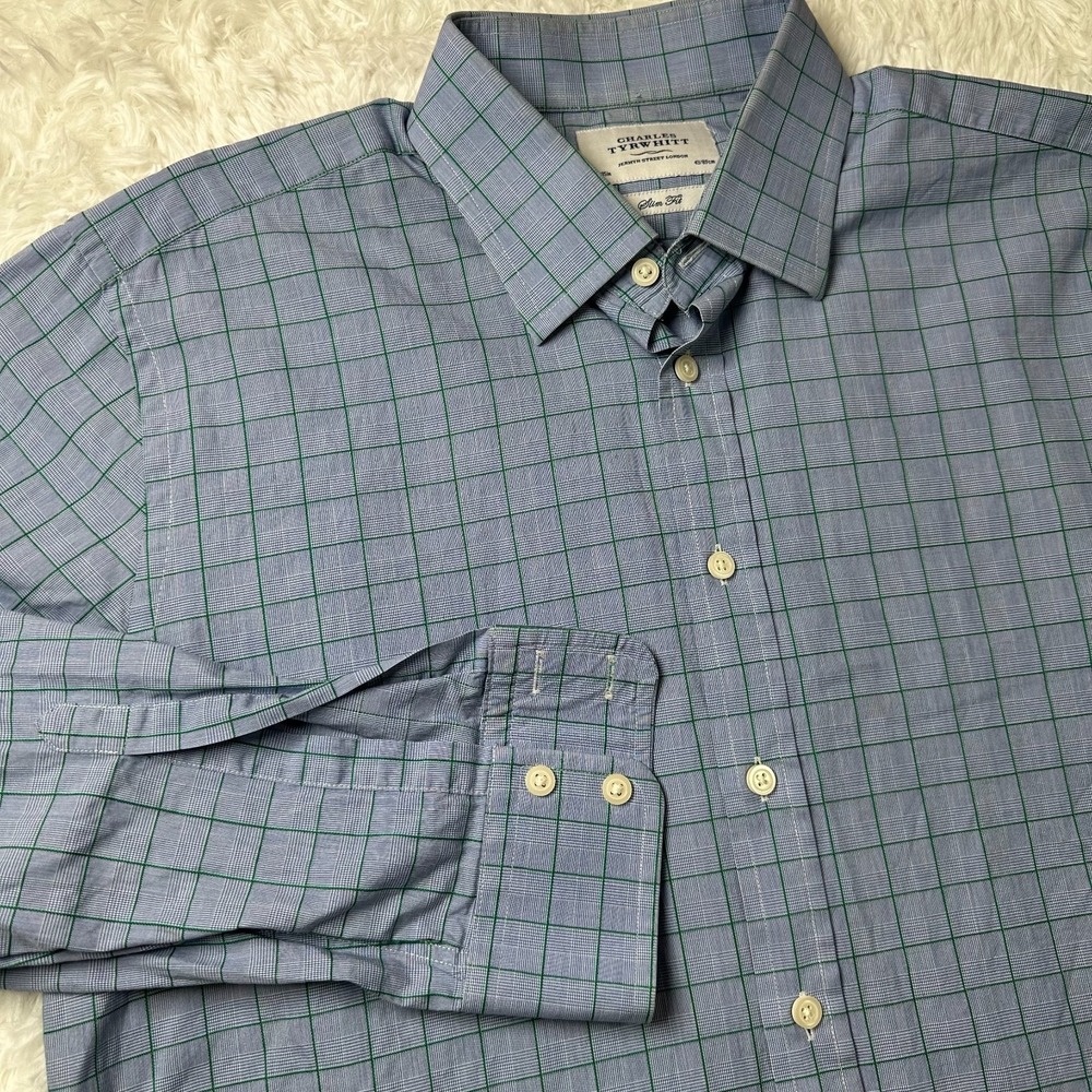 Charles Tyrwhitt Slim Fit Men's 17 35 Blue Green Windowpane Dress Shirt Button F